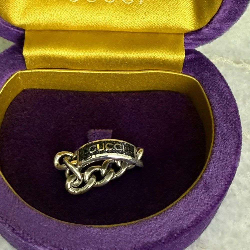 Gucci 678711 Unisex Sterling‎ Silver Chain Ring with Black plaque, SZ 18